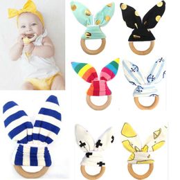 Baby Infant Wooden Teether Toy Healthy Wood Circle With Rabbit Ear Fabric Teeth Practice Toys Training Ring
