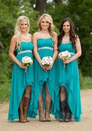 2020 Cheap Teal Turquoise Country Bridesmaid Dresses Chiffon Sweetheart Sashes Beaded High Low Party Wedding Guest Dress Maid Honor Gowns