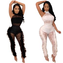 Plus size Women solid Colour feather sheer Jumpsuits fashion mesh bodysuits sexy black white leggings Casual fashion sleeveless Overalls 2565