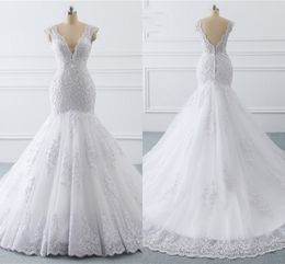 Gorgeous Lace Mermaid Wedding Dresses 2019 Pearls Beaded Sequins Applique Deep V-neck V Backless Ruched Long Berta Bridal Dress Plus Size