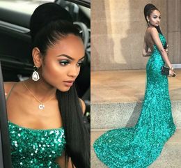 Gorgeous Green Sequins Mermaid Prom Dresses Spaghetti Straps Floor Length Backless Sexy Party Dresses Sweep Train