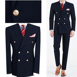 New Excellent Style Groom Tuxedos Double Breasted Navy Blue Peak Lapel Groomsmen Best Man Suit Mens Wedding Suits (Jacket+Pants+Tie) 766
