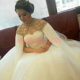 Stunning Sweetheart African Wedding Dresses With Beads Cape Dubai Tulle Arabic Bridal Ball Gowns Plus Size Vestido de novia Bride Dress