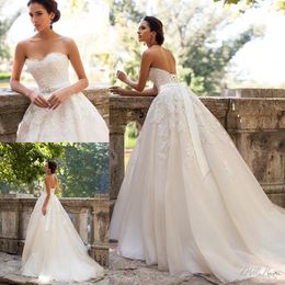 Strapless Lace Bodice Wedding Dresses with Removable Belt Sleeveless Sweetheart Corset Bridal Gowns with Ribbon Sash