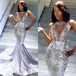 Mermaid Prom Sequins Sparkly Dresses Sheer Neck Sleeveless Satin Sier Beaded Custom Made Evening Party Gowns Formal Ocn Wear 0418