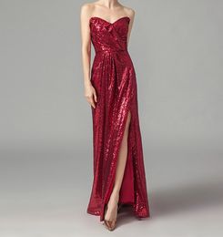 Dark Red Sequins Fabric Bridesmaid Dress Sexy Backless Sweetheart Zipper Back Floor Length Side Zipper Bridesmaid Gowns