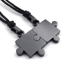 2pcs Mens Womens Couples Stainless Steel Puzzle Pendant Love Necklace Set Black Silver