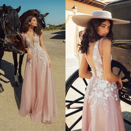 Light Pink A Line Wedding Dresses Lace Apliques Beaded Garden Jewel Sheer Sleeveless Wedding Gown Custom Made Sweep Train Robes De Mariée