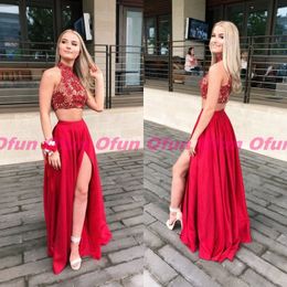 A Line Two Pieces High Neck Lace Red Prom Dresses Sexy Side Split Lace Appliques Open Back Red Graduation Formal Dress