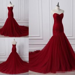 2019 Red Plus Size Prom Dresses Sweep Train Sweetheart Neckline Custom Made Tulle Pleats Ruched Mermaid Formal Occasion Wear Prom Party Gown