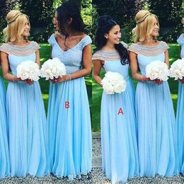 Cheap Sexy Sky Blue Bridesmaid Dresses Lace Pearls Chiffon Long For Weddings Cap Sleeves Floor Length Plus Size Formal Maid Of Honour Gowns 403