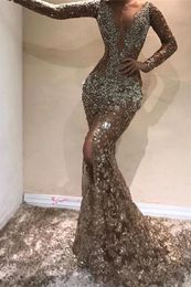 New Sexy Arabic Mermaid Dresses Sheer Neck Long Sleeves Lace Crystal Beaded Sequined Side Split Sweep Train Formal Prom Evening Gowns 0424