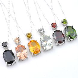 Luckyshien 10 Pcs Mix Colour Brand New For Women Oval Peridot Morganite Garnet obsidian Gems Silver Necklaces Jewellery CZ Pendants