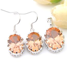 New Fashion 2 Pieces 1 Set Oval Champagne Morganite Gemstone Women's Jewelry Gift Excellent Charm Earrings Pendants Jewelry Sets