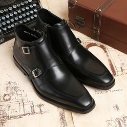 Hot Sale-onk Strap Ankle Boots Mens Dress Shoes Genuine Leather Boots Male Wedding Shoes