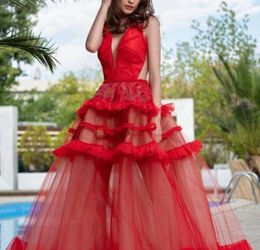 Red Sexy Indian Style See Through Ladies Formal Long Evening Banquet Dress Gorgeous Deep V Neck Zipper Back Tiered Tulle Skirt Evening Dress