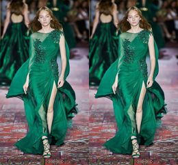 New Zuhair Murad Collection Dark Green Dresses Long Sleeve Jewel Neck Chiffon Sweep Train Formal Prom Dress Party Gowns Ogstuff