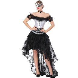 Women 3pcs Set Bundle Sale Burlesque Corset Dress with Sheer Floral Lace Blouse and Hi-lo Long Skirt Plus a Ruffle Hem Overbust Corset