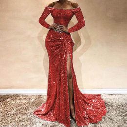 Hot Sale Bury Mermaid Prom Dress Lace Appliques Sexy Slit Sequined Off Shoulder Evening Gowns Long Sleeve Formal Dresses 2020