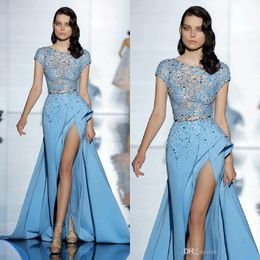 2019 Elie Saab Sky Blue Formal Celebrity Evening Dresses Short Sleeves Beaded Lace Thigh High Split Cheap Prom Special Occasion Gowns 472