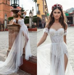 Julie Vino White Dresses Sweetheart Lace Bridal Gowns Two Sides Split Tulle Boho Beach Wedding Dress Cheap 0505 0505