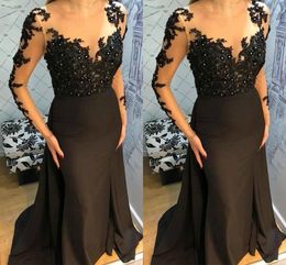 Elegant Black Mermaid Evening Dresses Sheer Neck Long Sleeves Illusion Lace Appliques Sweep Train Formal Dress Prom Dress Party Gowns