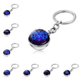 12 Zodiac Signs Keychain Fashion Metal Double Side Glass Ball Key Chain Holder Couples Keyring Rings Gifts Constellation Jewelry Accessories