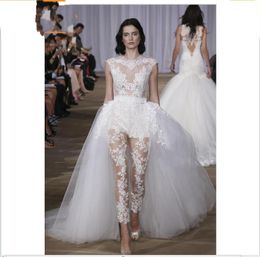 Ines Di Santo Lace jumpsuit Wedding Dresses 2019 New Two In One Detachable Train Sheer Cap Sleeve Illusion Bodice Overskirt Bridal Gowns