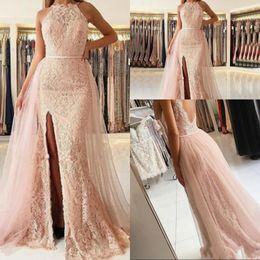 Hot Sell Sexy Evening Dresses Wear Halter Neck Lace Appliques Overskirts Front Split Mermaid Backless Custom Arabic Party Prom Gowns