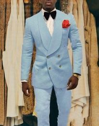 Ligh Blue Men Wedding Tuxedos Embossing Groom Tuxedos Fashion Men Blazer 2 Piece Suit Prom/Dinner Jacket Custom Made(Jacket+Pants+Tie) 1630