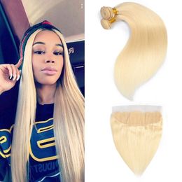 Peruvian Human Hair Extensions 2 Bundles With Blonde 13x4 Lace Frontal Straight Hair Products 10-30inch 613#