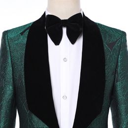 Men Suits With Pants 2019 Italian Tuxedo Slim Velvet Lapel Green Leaves Formal Groom Wedding Prom Party Suits Man Blazer3432