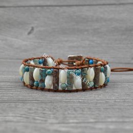 10pcs Beach Charm Bracelet Adjustable Shell Beads Summer Bracelets Handmade Round Tube Sea Sediment Jasper Gemstone Beaded Leather Bracelet