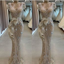 Stunning Mermaid Evening Dresses V Neck Appliqued Beaded Capped Short Sleeves Ruffle Sweep Train Prom Dresses Custom Made Formal Party Gowns