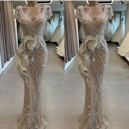 Stunning Mermaid Evening Dresses V Neck Appliqued Beaded Capped Short Sleeves Ruffle Sweep Train Prom Dresses Custom Made Formal P2231