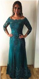 2020 Cheap Sheath Turquoise Mother Off Bride Dresses Off Shoulder Long Sleeves Lace Appliques Beads Floor Length Wedding Guest Evening Gowns