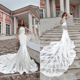 2020 Fashion Wedding Dresses Jewel Lace Appliques Satin Mermaid Bridal Gowns Button Back Sweep Train Beach Wedding Dress Robe De Mariee
