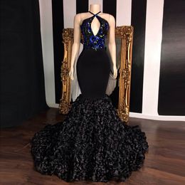 Long Kehole Neck Mermaid Prom Reflective Dresses 2022 V-neck Top Sequin Applique Flowers African Girl Black Satin Backless Evening Gowns