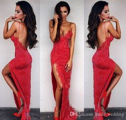 2019 Newest Red Lace Prom Dress Spaghetti Straps Backless Split Formal Holidays Wear Graduation Evening Party Gown Custom Made Plus Size