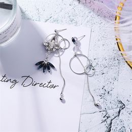 Fashion-New Crystal Flower Geometric Round Circle Asymmetry Long Tassel Drop Earrings Elegant Korean Women Oorbellen 6A1029