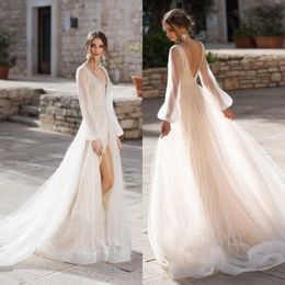 Naviblue Wedding Dresses V Neck Poet Long Sleeve Beading Front Split Sequined A Line Wedding Dresses Sweep Train Bridal Gowns