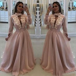 Light Pink Mother of the Bride Dresses 3D Flower Appliqued High Collar Evening Gowns Floor Length Formal Party Wedding Guest Dress