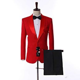 New Arrival Side Vent One Button Red Paisley Groom Tuxedos Shawl Lapel Slim Fit Groomsmen Wedding Men Party Suits (Jacket+Pants+Tie) 337