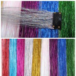Glitter Hair Tinsel Sparkling Bling Rainbow False Hair Strands Highlight Synthetic Extension Clip Hairpiece For Lady Women Party Fast F2729
