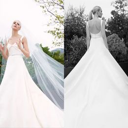 2020 Modest ELIE SAAB Elegant A Line Wedding Dresses Spaghetti Sleeveless Backless Bow Sash Satin Wedding Gowns Sweep Train robe de mariée