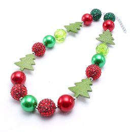 Red+Green baby girls chunky bubblegum necklace with christmas tree diy handmade beads necklace 1pc/lot kids Jewellery gift