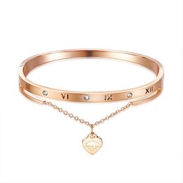 Fashion luxury designer beautiful sparkling diamond zircon heart charms bangle bracelet for woman girls 17 cm rose gold titanium steel