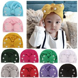 Warm Baby Hats Cute Boys Girls Bow Hats Knot Ear Bows with Pearl Bonnet Beanie Cap Infant Toddler Turban Headwear