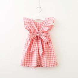 Baby lattice dress children fly sleeve Plaid Princess dress summer fashion Kids Clothing Boutique V Backless girls dress 2 Colours C5777