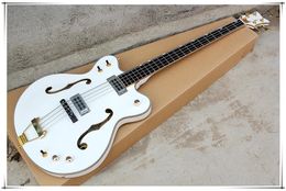 Factory custom White body 4-String Semi-Hollow Electric Bass with Gold Binding,Gold Hardware,can be Customized